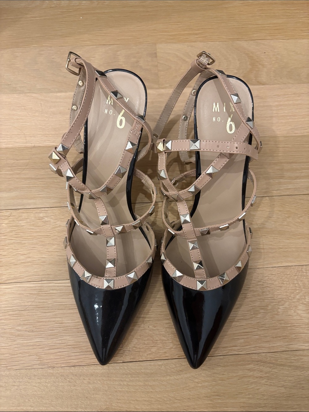 Mix No. 6 Black Patent Pointed-Toe Studded Strappy Heels with Nude Straps